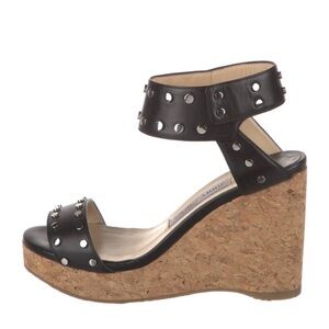 Jimmy Choo Black Wedge Leather Sandals with Studs